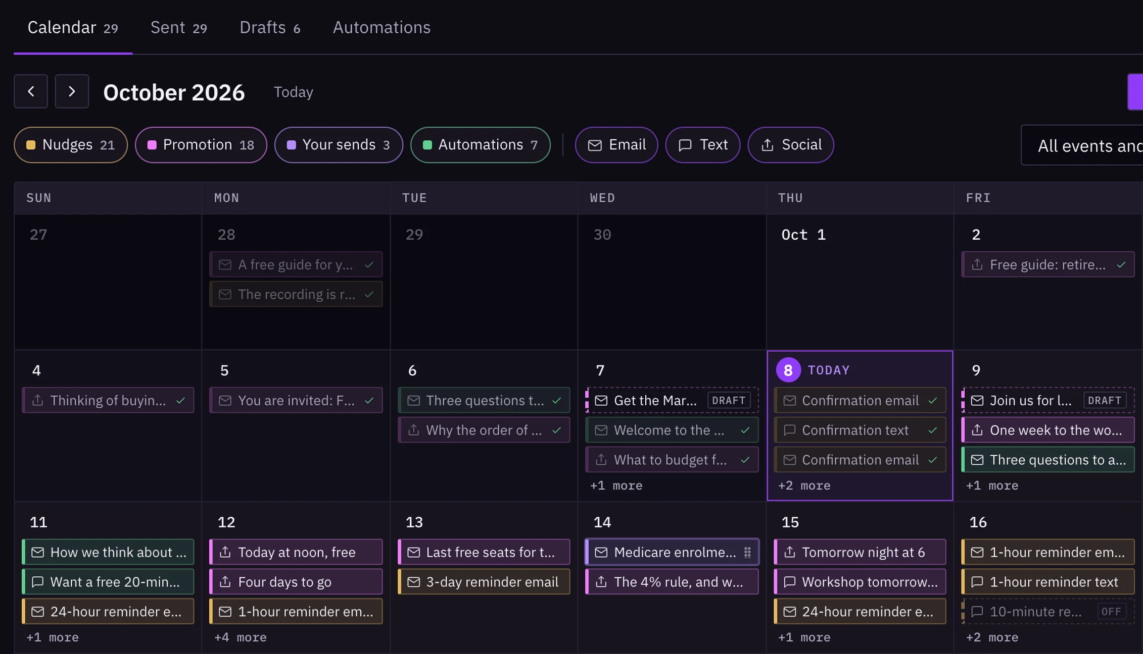 The Send calendar inside MaxiaPulse, with every message going out