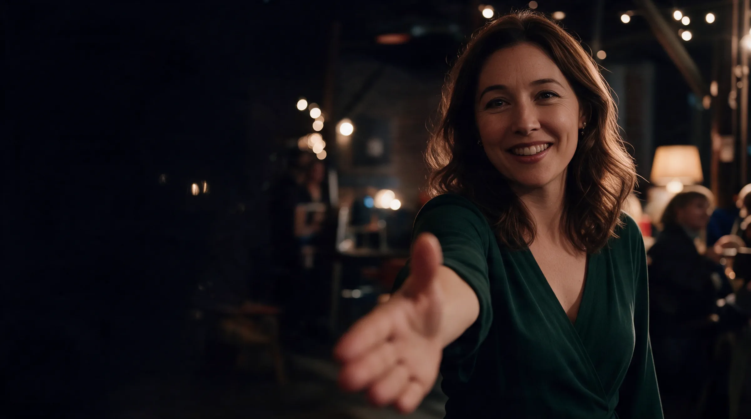 A guest at an evening event holding out her hand to shake yours
